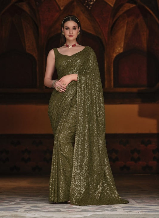 Olive Green Georgette Party Wear Saree With Thread and Sequins Work