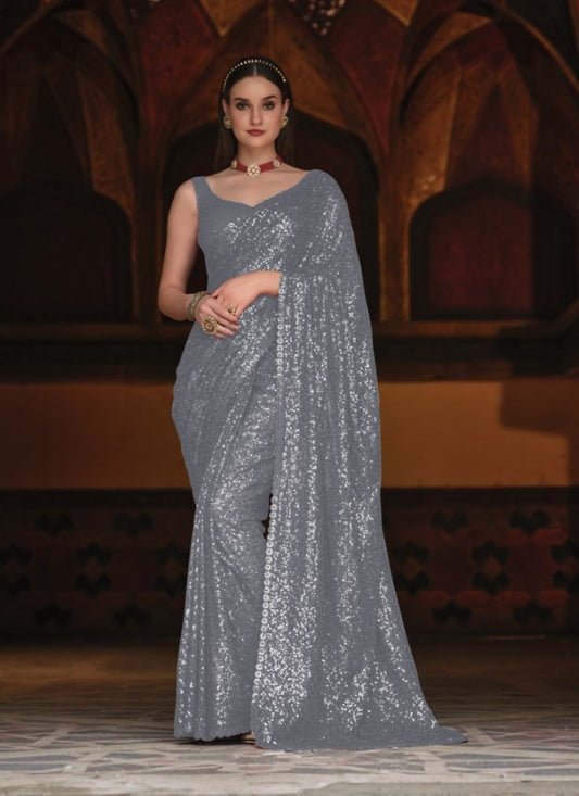 Gray Georgette Party Wear Saree With Thread and Sequins Work
