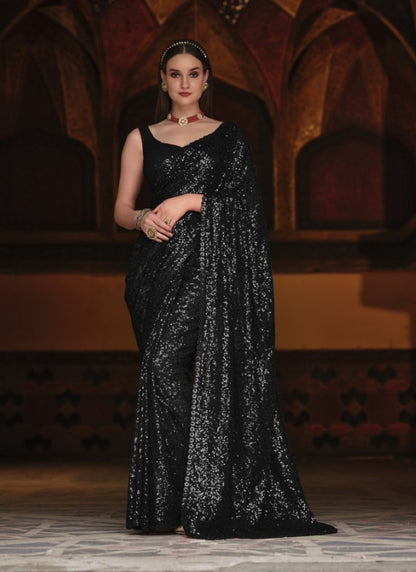Black Georgette Party Wear Saree With Thread and Sequins Work