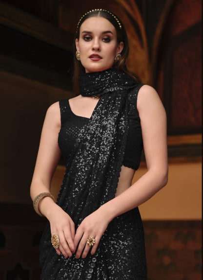 Black Georgette Party Wear Saree With Thread and Sequins Work