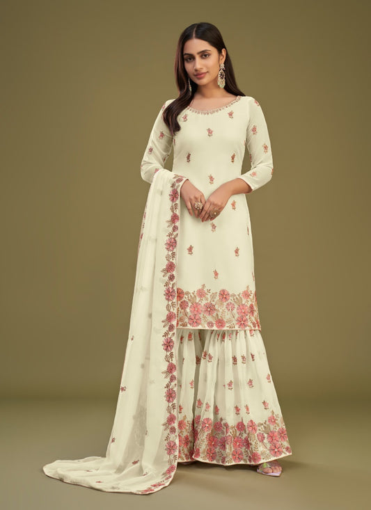 Off White Georgette Sharara Suit With Thread Work
