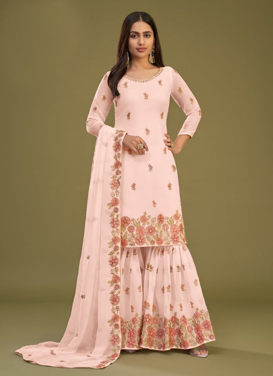 Peach Georgette Sharara Suit With Thread Work