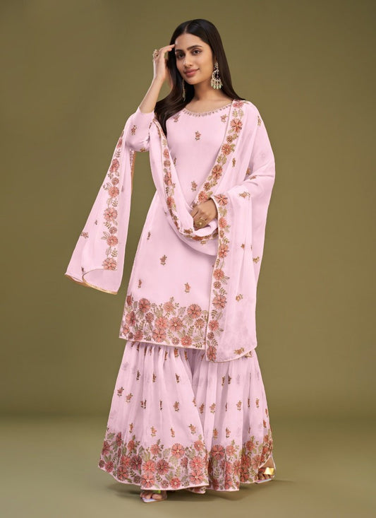 Pink Georgette Sharara Suit With Thread Work