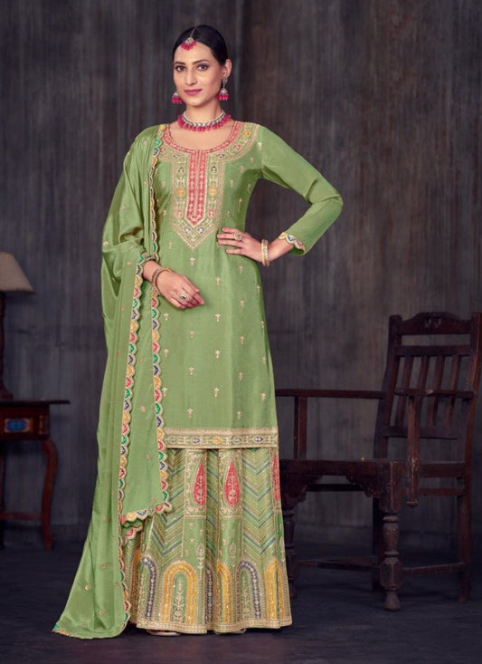 Pista Green Indo Western Long Choli Lehenga With Embroidered Work