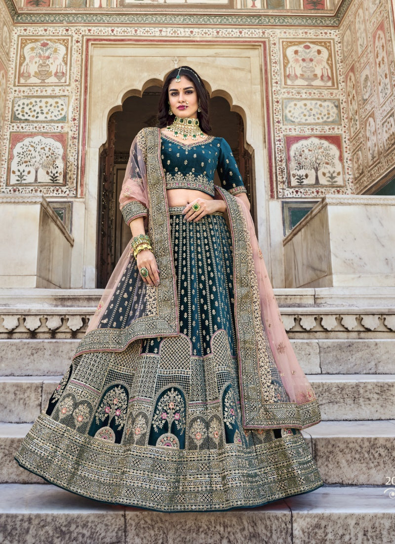 Teal Velvet Bridal Lehenga Choli With Heavy Embroidery, Stone and Zari Work