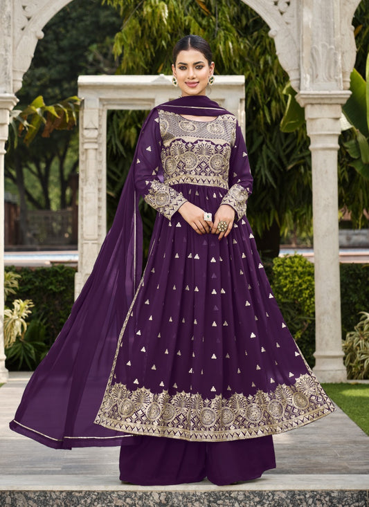 Purple Georgette Palazzo Suit with Sequins Work