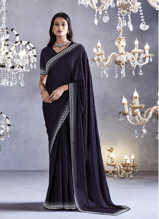 Navy Blue Viscose Party Wear Saree With Heavy Lace Work