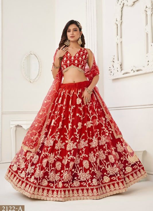 Red Net Lehenga Choli With Embroidery, Sequins and Thread Work