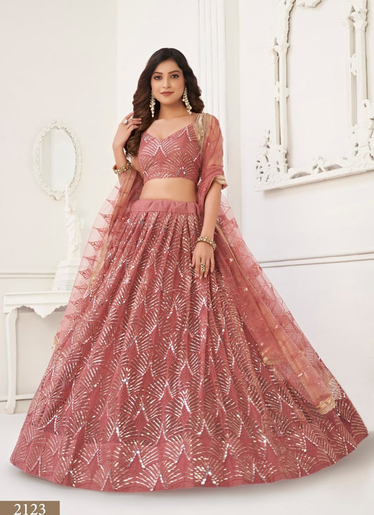 Peach Net Party Wear Lehenga Choli With Embroidery, Sequins, and Thread Work