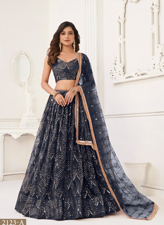 Navy Blue Net Party Wear Lehenga Choli With Embroidery, Sequins, and Thread Work
