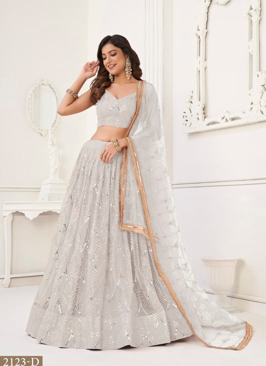 White Net Party Wear Lehenga Choli With Embroidery, Sequins, and Thread Work