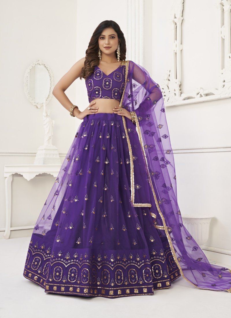 Violet Net Lehenga Choli With Thread, Mirror and Sequins Work