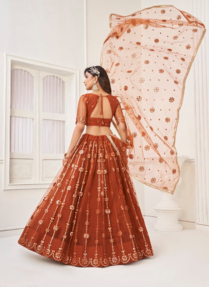 Brown Net Lehenga Choli With Thread, Mirror and Sequins Work