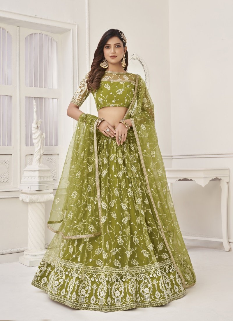Olive Green Net Lehenga Choli With Thread, Mirror and Sequins Work