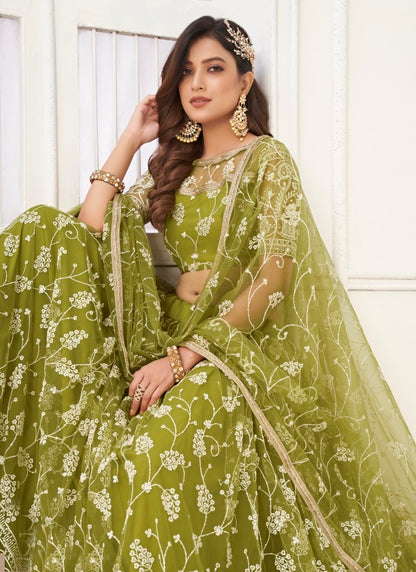 Olive Green Net Lehenga Choli With Thread, Mirror and Sequins Work