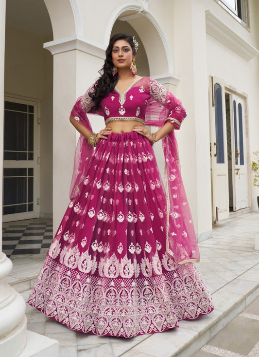 Magenta Butterfly Net Lehenga Choli With Embroidered, Sequins and Thread Work
