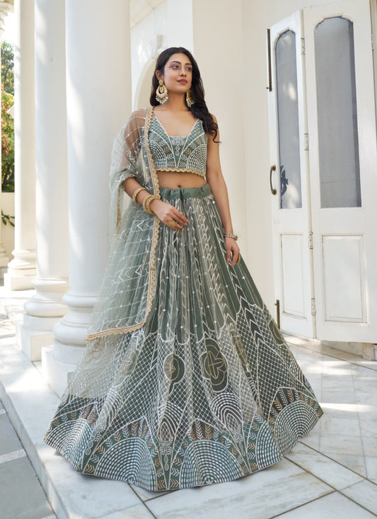 Light Green Butterfly Net Lehenga Choli With Embroidered, Sequins and Thread Work