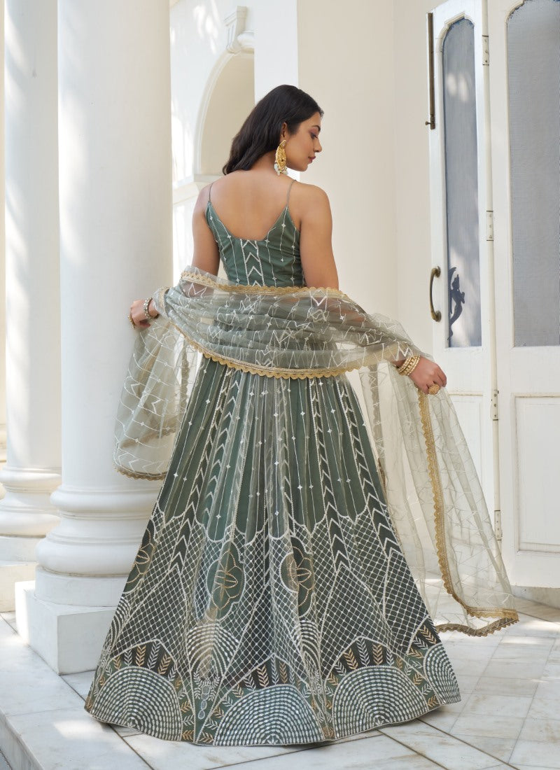 Light Green Butterfly Net Lehenga Choli With Embroidered, Sequins and Thread Work