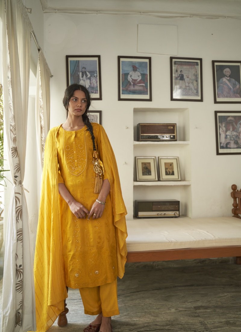 Yellow Reyon Kurta Straight Cut Salwar Suit