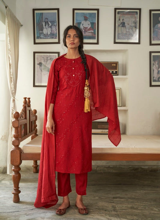 Red Reyon Kurta Straight Cut Salwar Suit