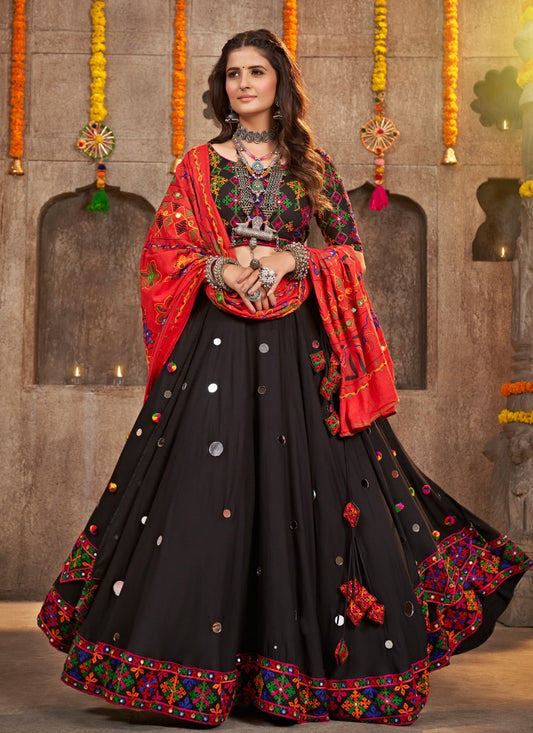 Black Cotton Navratri Chaniya Choli With Thread and Mirror Work