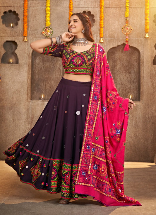 Purple Cotton Navratri Chaniya Choli With Thread and Mirror Work