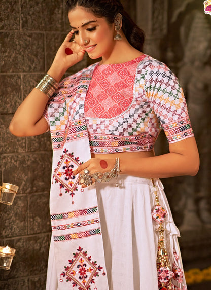 White Cotton Navratri Lehenga Choli With Embroidered and Mirror Work