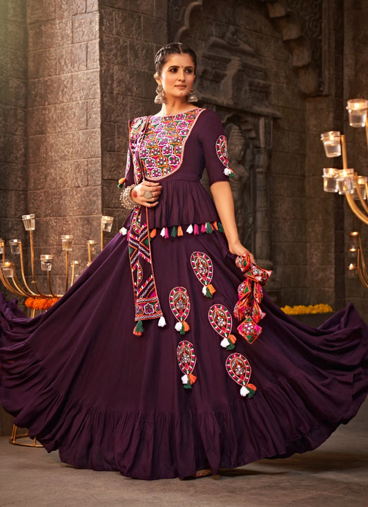 Purple Rayon Navratri Lehenga Choli With Embroidered and Mirror Work