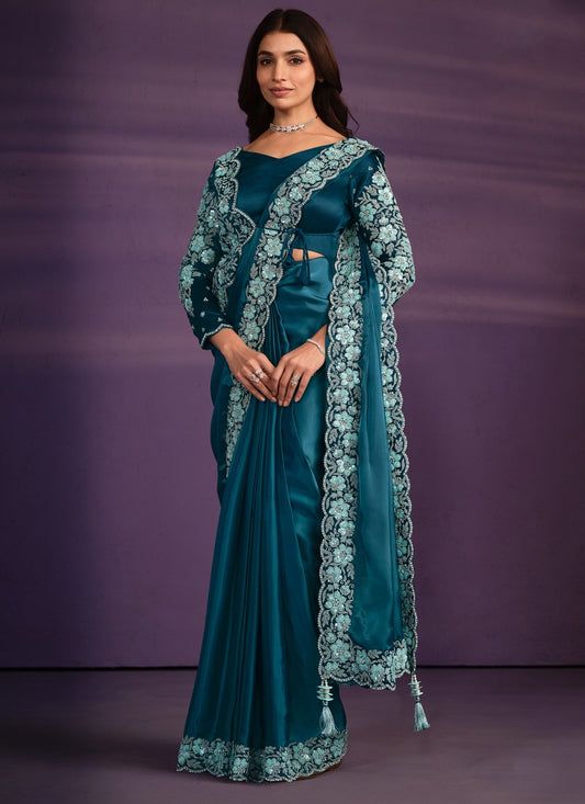 Teal Blue Satin Ready Made Party Wear Saree with Thread and Stone Work