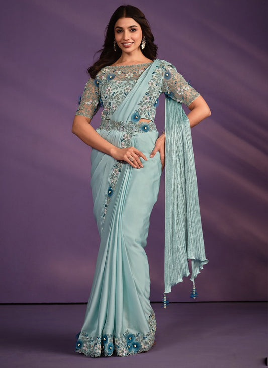 Sky Blue Silk Ready Made Party Wear Saree with Thread and Stone Work