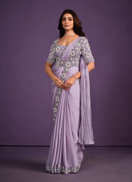 Lavender Silk Ready Made Party Wear Saree with Thread and Stone Work