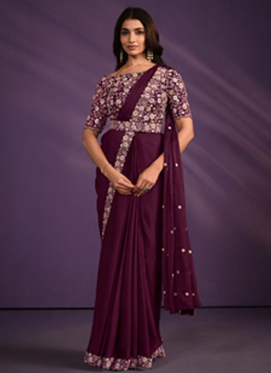 Purple Satin Ready Made Party Wear Saree with Thread and Stone Work