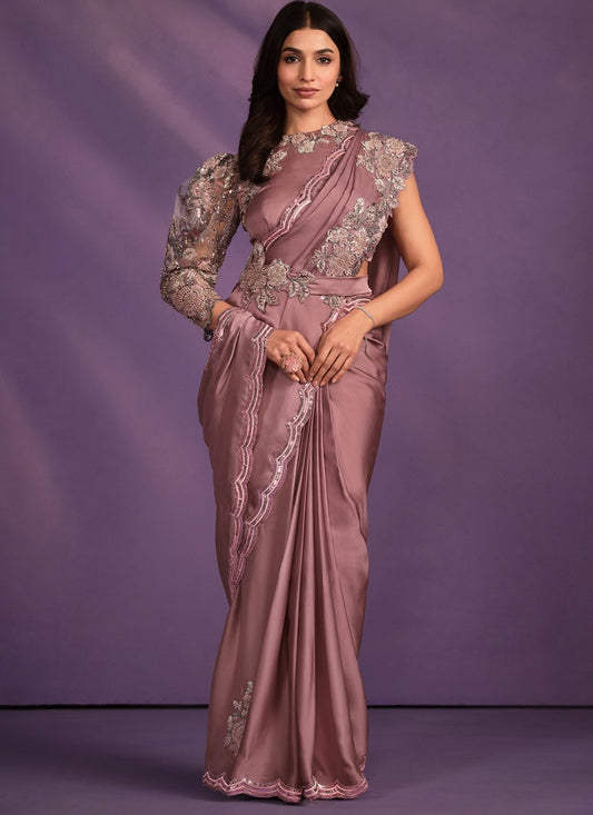 Peach Satin Ready Made Party Wear Saree with Thread and Stone Work