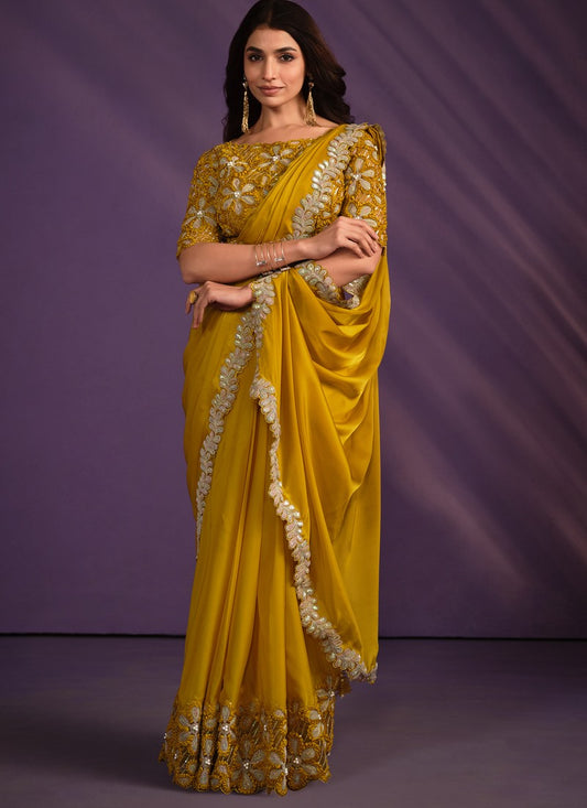 Yellow Silk Ready Made Party Wear Saree with Thread and Stone Work