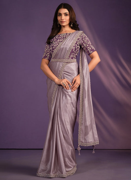 Light Purple Satin Ready Made Party Wear Saree with Thread and Stone Work