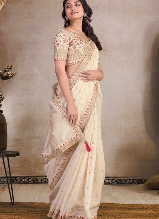 Off White Organza Saree with Heavy Embroidery and Butti Work