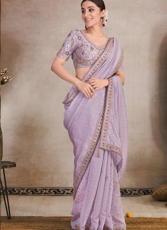 Light Purple Organza Saree with Heavy Embroidery and Butti Work
