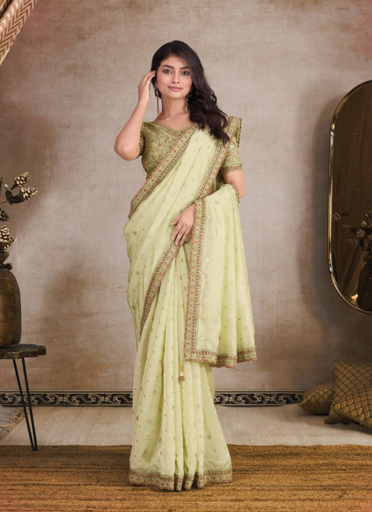 Pista Green Organza Saree with Heavy Embroidery and Butti Work