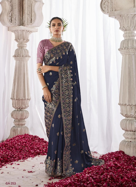 Navy Blue Silk Wedding Saree With Minakari Pallu
