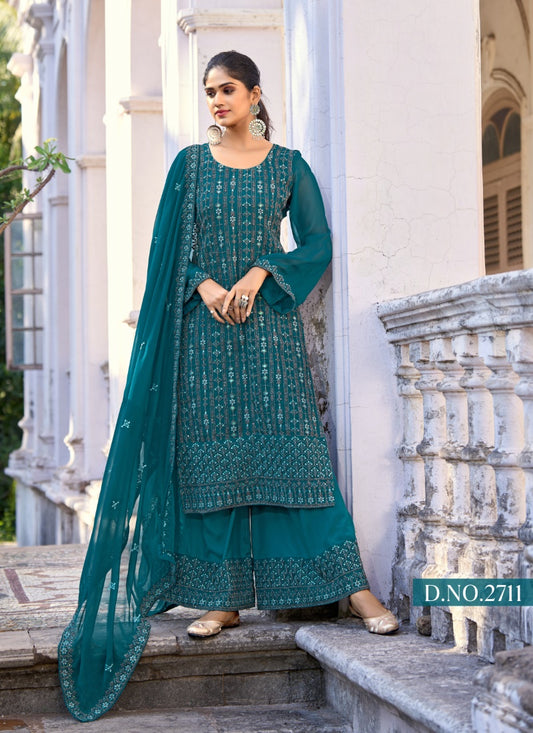 Green Silk Embroidered Palazzo Suit