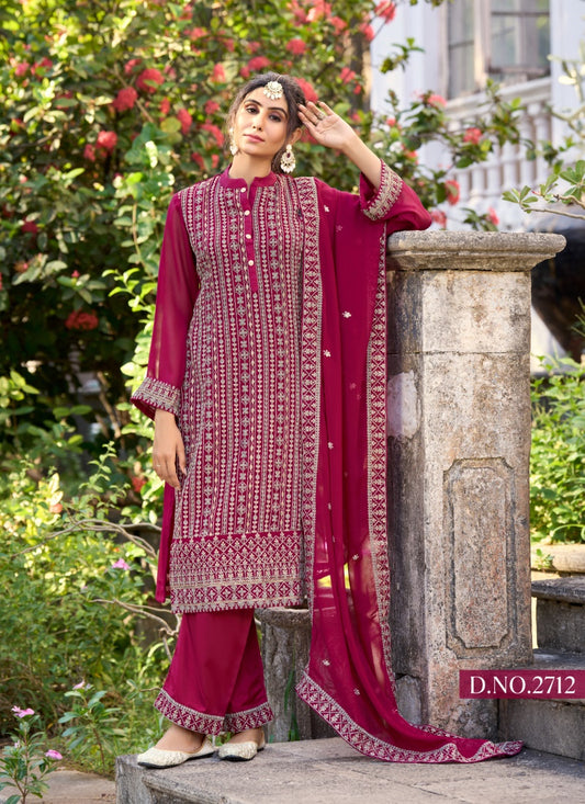 Maroon Silk Embroidered Palazzo Suit