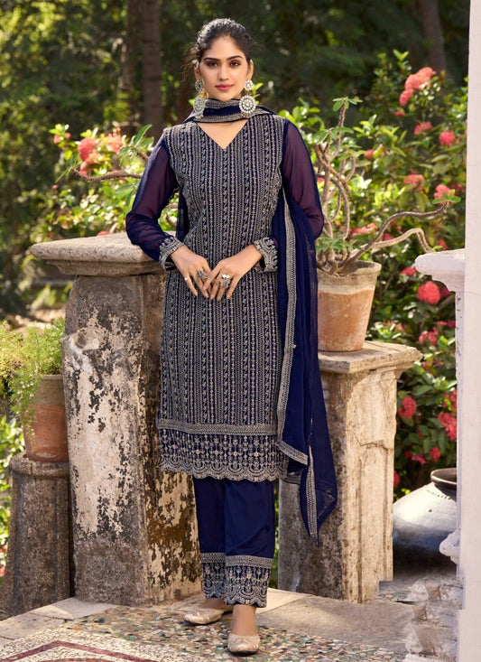 Navy Blue Silk Embroidered Palazzo Suit