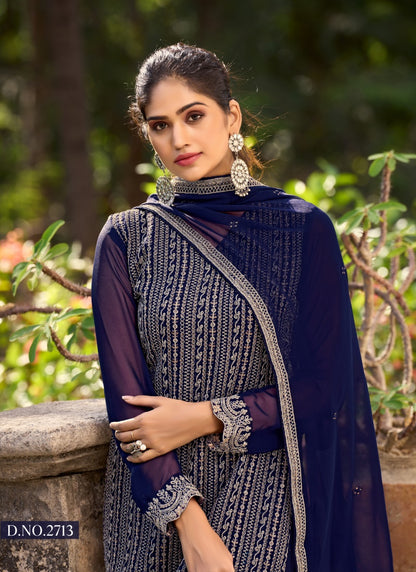 Navy Blue Silk Embroidered Palazzo Suit-2