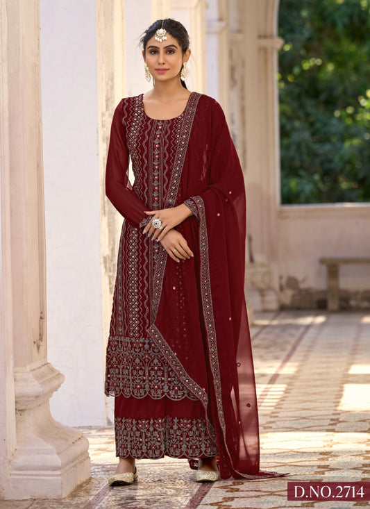 Red Silk Embroidered Palazzo Suit
