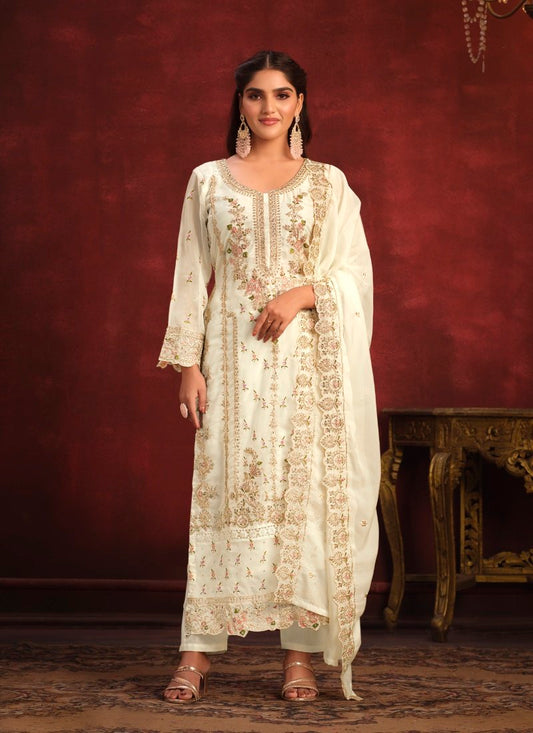 Off White Organza Long Wedding Salwar Suit