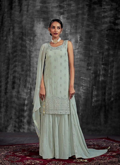Light Green Georgette Sharara Suit with Mirror, Zari and Thread Work