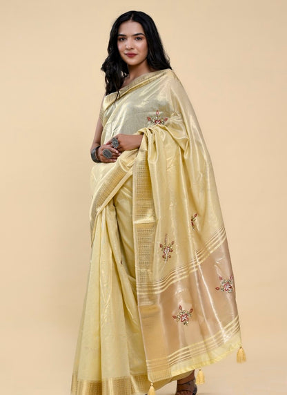 Yellow South Indian Pattu Saree With Thread Work and Latkan
