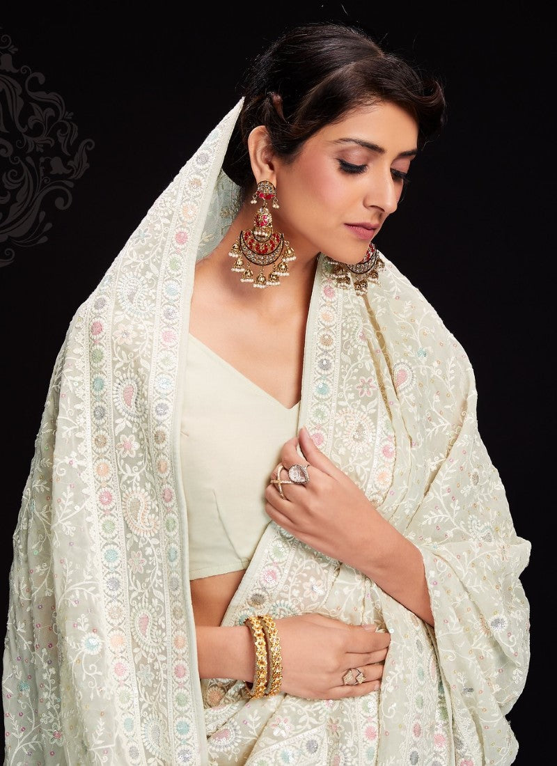 White  Party Wear Lucknowi Saree with Sequine Work