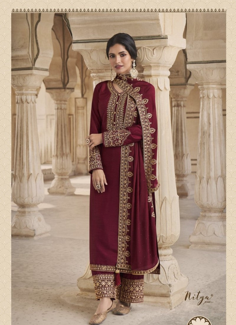 Maroon Silk Embroidered Straight Cut Palazzo Suit