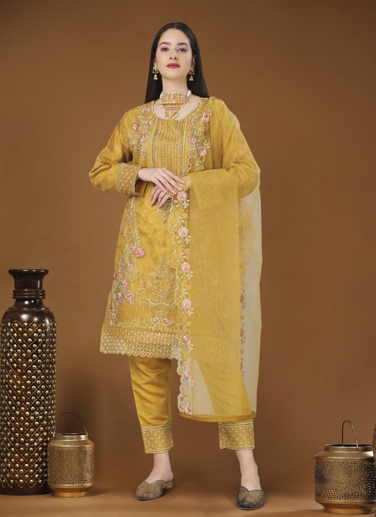 Yellow Georgette Straight Cut Pant Style Salwar Suit